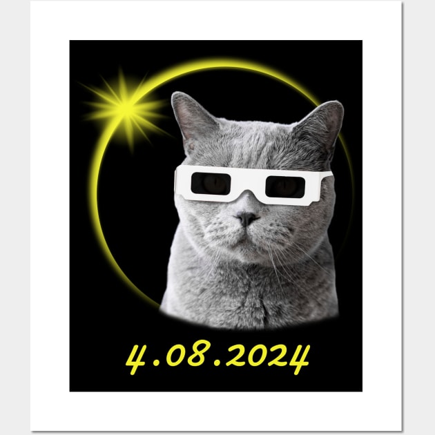 Total solar eclipse 2024 Cat Wearing Eclipse Glasses Wall Art by Emma Creation